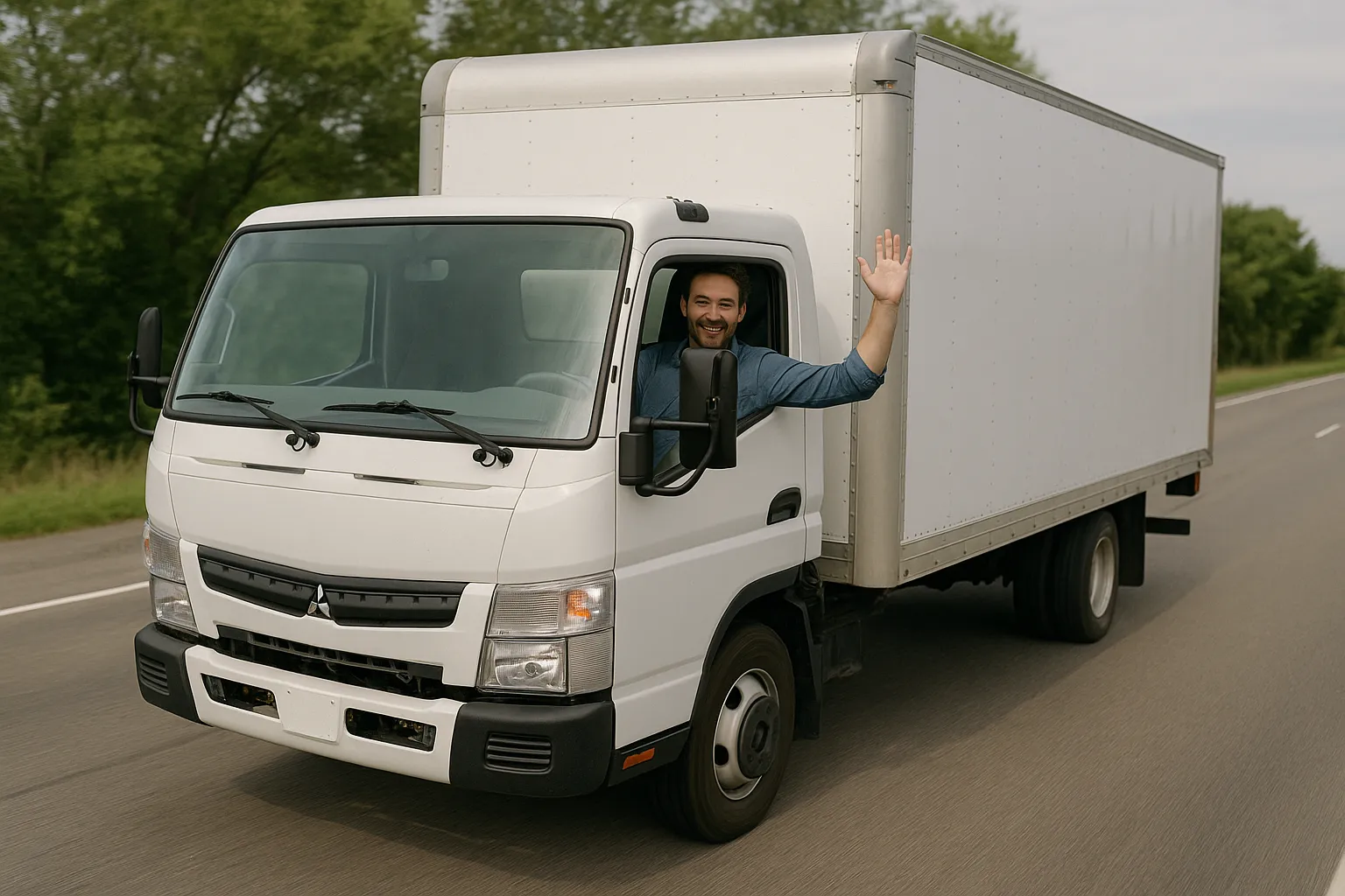 Truck driver waving happily while driving